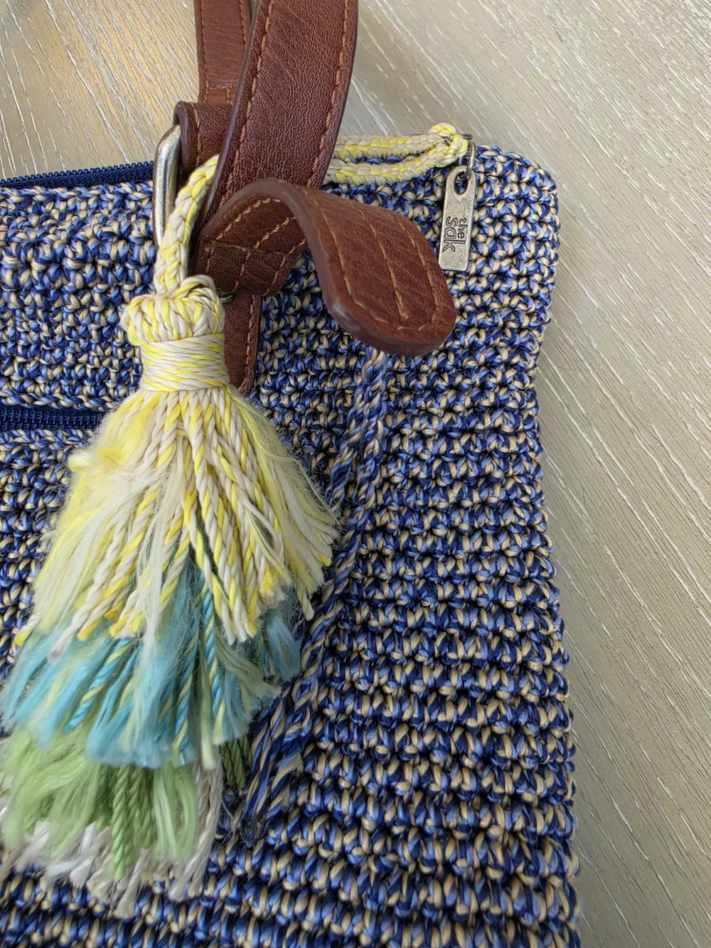 The Sak Blue Woven Shoulder Bag with Brown Handles